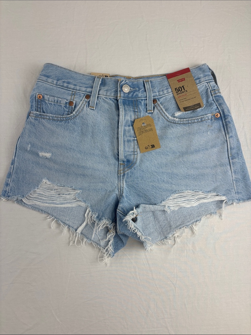 Levi's High Rise 501 Distressed Denim Shorts Light Blue 100% Cotton